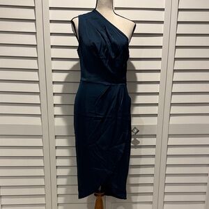 Pretty Garden NWT Chic One-Shoulder Faux Wrap Dress in Midnight Blue